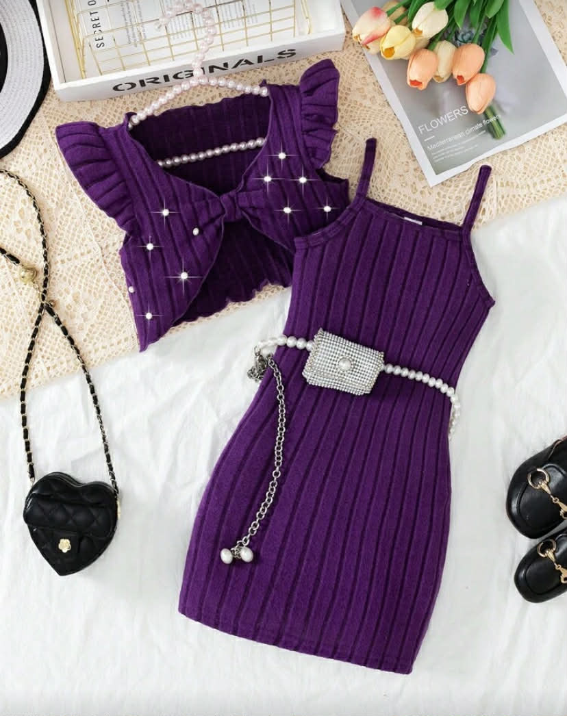 Elladie kids Young Girl  Elegant Knit Dress Set, Lace Sleeveless Crop Top + Suspender Mini Dress, 2 Pieces Spring Outfit