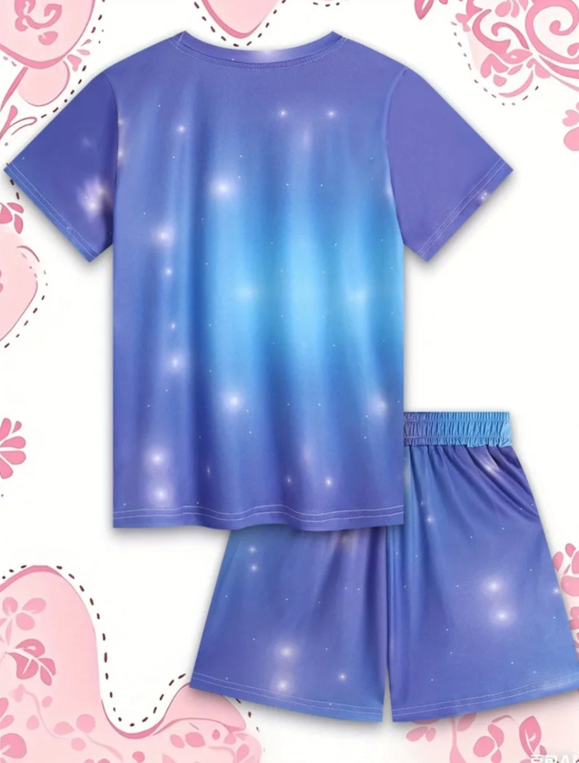 Adorable Axolotl Print, Summer Girls' Clothing for a Sweet and Innocent Style - Comfortable, Skin-friendly Digital All-over Print Casual Sport T-shirt Set for Boys and Girls, Random Digital Print, Delicate and Soft