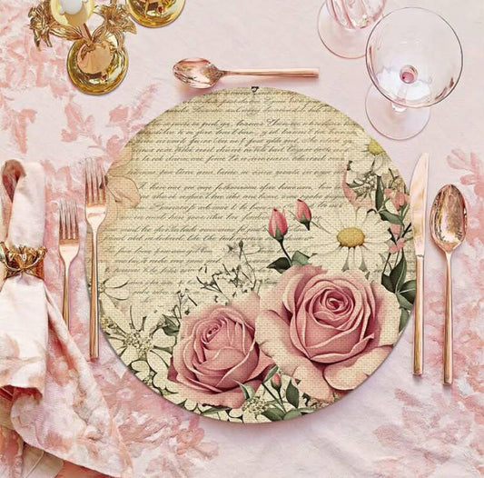 2/4/6pcs Pink Rose Pattern Linen Placemats, Round Floral Woven Dining Table Mats For Valentine's Day, Wedding, Restaurant, Party, Kitchen Decor
