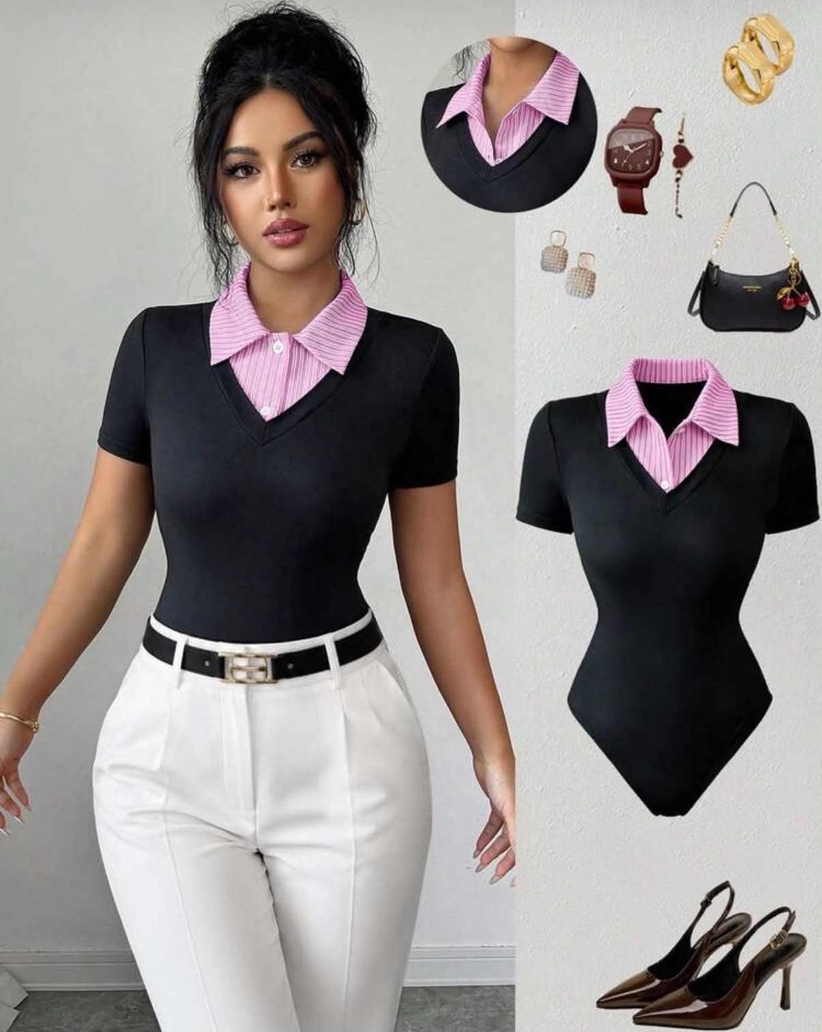 Women's Striped Patchwork 2 In 1 Short Sleeve Bodysuit