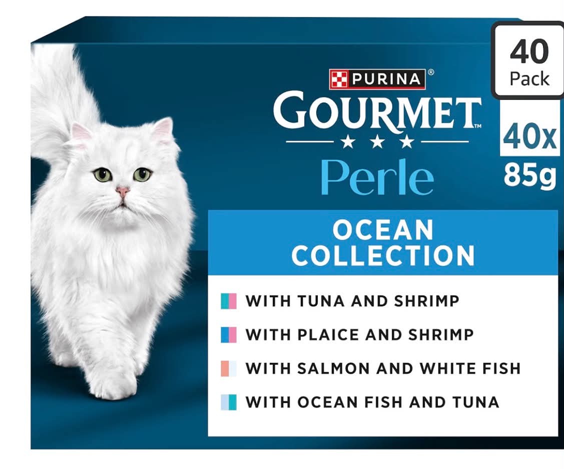 Perle Ocean Collection or chef's collection Adult Wet Cat Food Mini Fillets in Gravy Tuna, Shrimp, Plaice, Salmon, White fish, Ocean Fish 40 x 85g Pouches