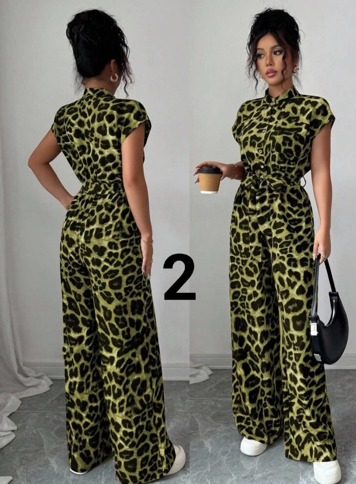 Women's Elegant Stand Collar Open Front Short Sleeve Waist Flared Leg Jumpsuit