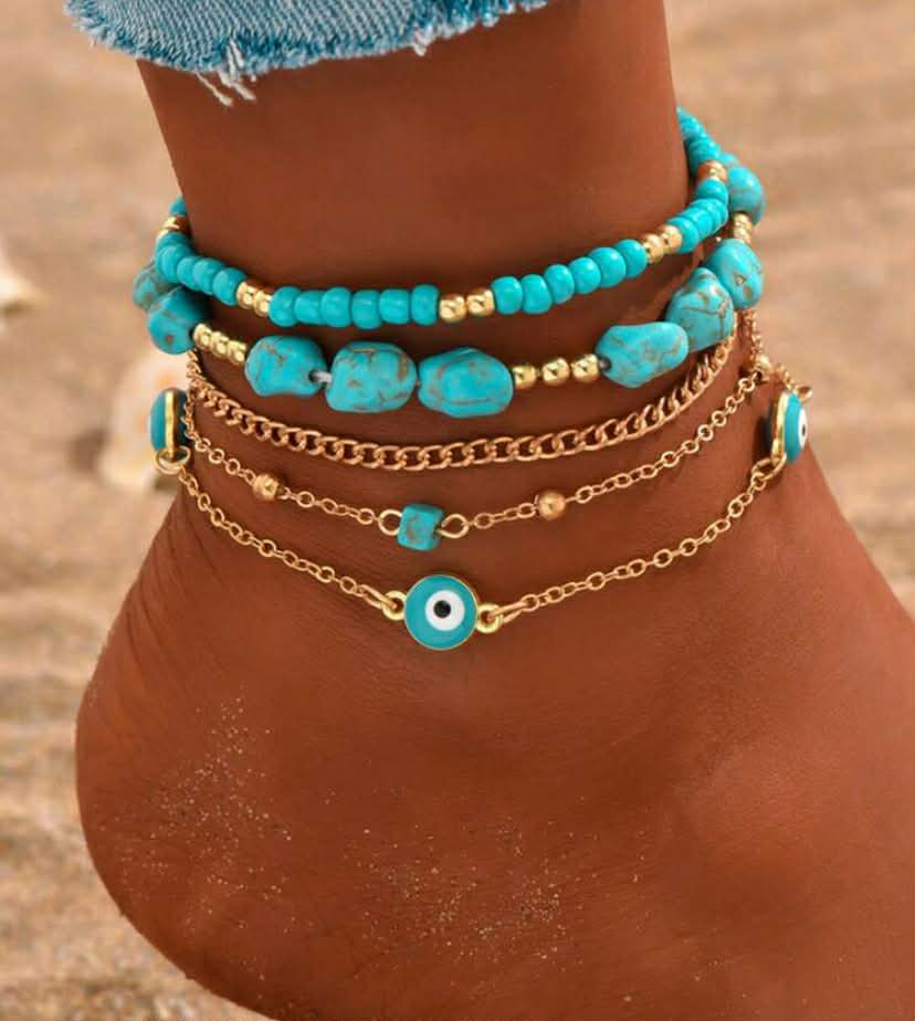5pcs/Set Fashionable Exaggerated Devil's Eye Anklet Set, Elastic Beaded Anklet, Jewelry For Women, Suitable For Daily Outing, Beach Resort, Beach Party