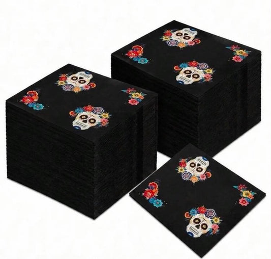 60Pcs,Black Skull Floral Disposable Napkins,2-Ply Thick Day Of The Dead Cocktail Napkins,