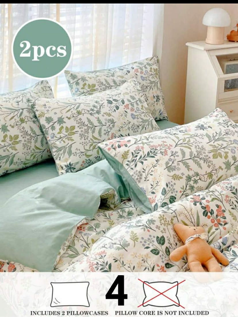 2 pcs Set, Fresh Green Floral Print, Super Soft, Cute Girl Pattern, Compact & Suitable For Spring/Summer Students, Bedding Set (Without Pillow Insert), Fits