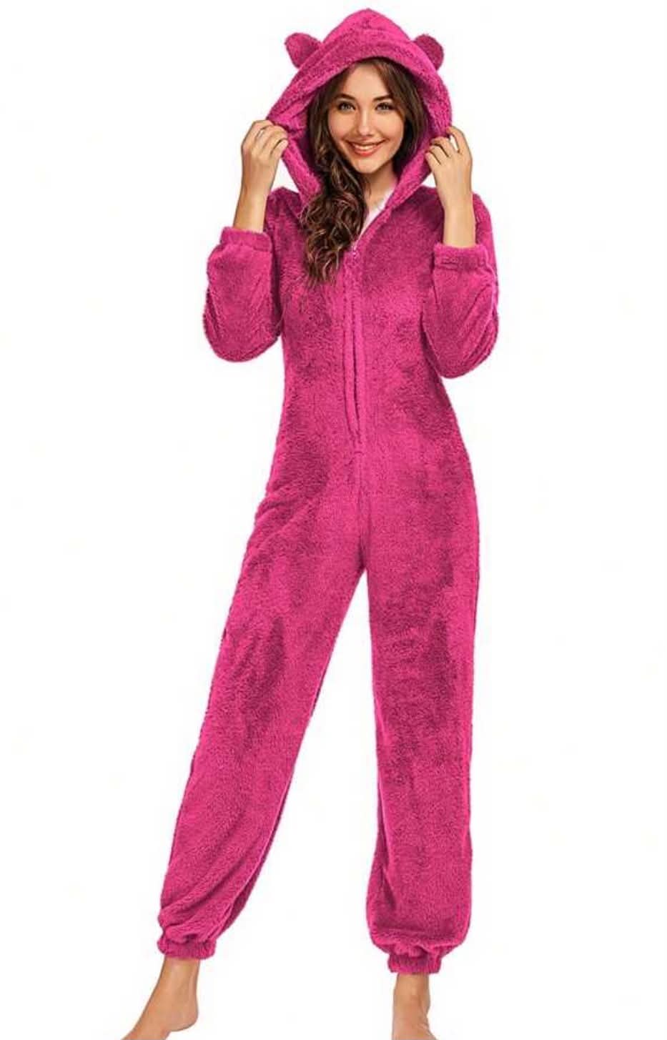 Women Thick Plush Sleeping Romper With Bear Ear Hat, Long Sleeve Zipper Hooded Jumpsuit