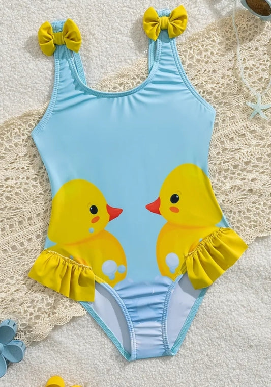 Cute Duckling Pattern Double Ruffle Bow Detail Fashion Girls' One-Piece Swimsuit