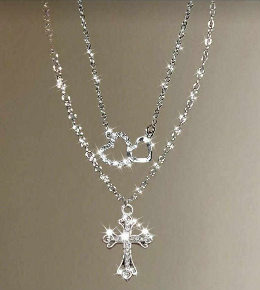 2 pcs Fashionable Luxury Studded Cross & Heart Pendant Necklace, Minimalist Multilayer Versatile Necklace