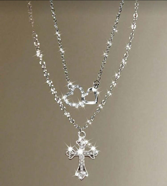 2 pcs Fashionable Luxury Studded Cross & Heart Pendant Necklace, Minimalist Multilayer Versatile Necklace