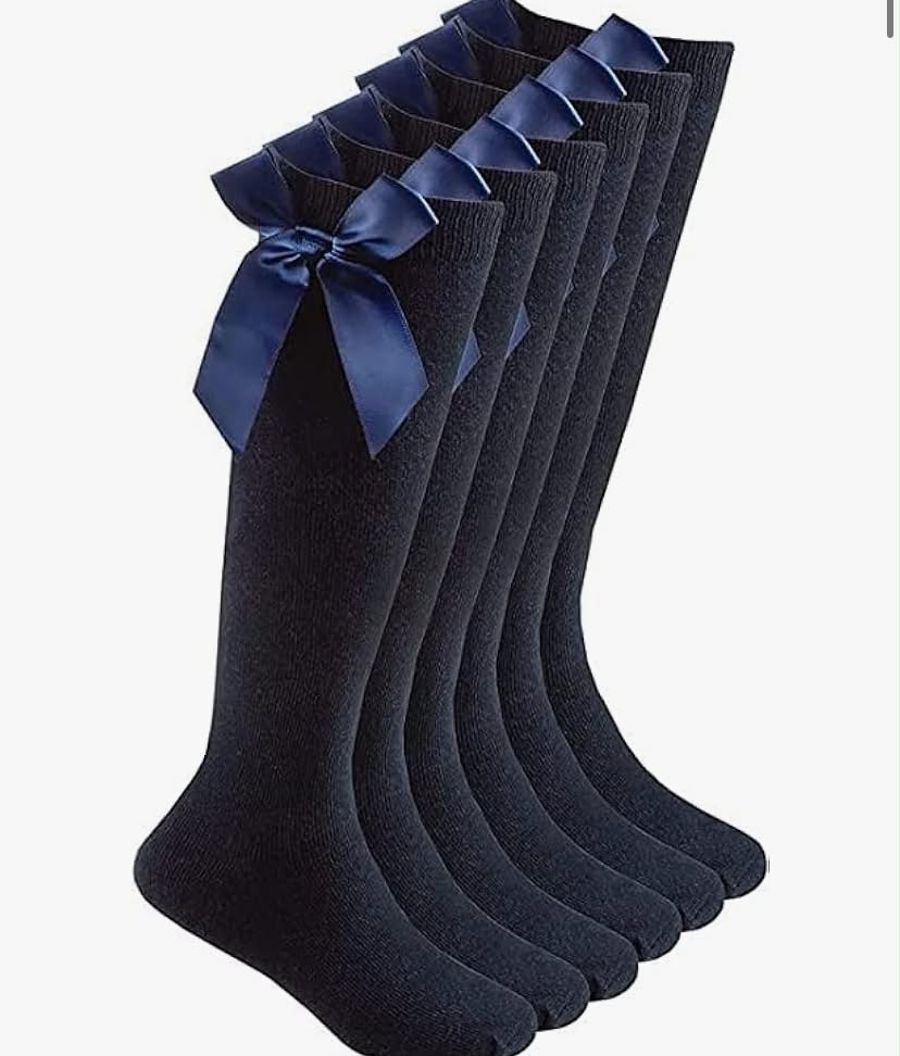 6 Pairs Girls Knee High Socks with Satin Bow Uniform Style with Fluffy Ribbons Back to School Multipack Party Wear Black White Navy Grey