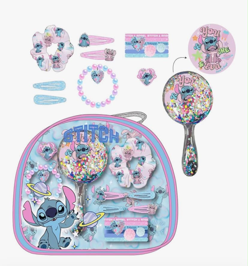 Stitch Kids Beauty Set with Clear Toiletry Bag, Liquid Mirror, Scrunchies, Tweezers and Bracelet - Complete Hair Styling Accessories for Girls Ages 3+