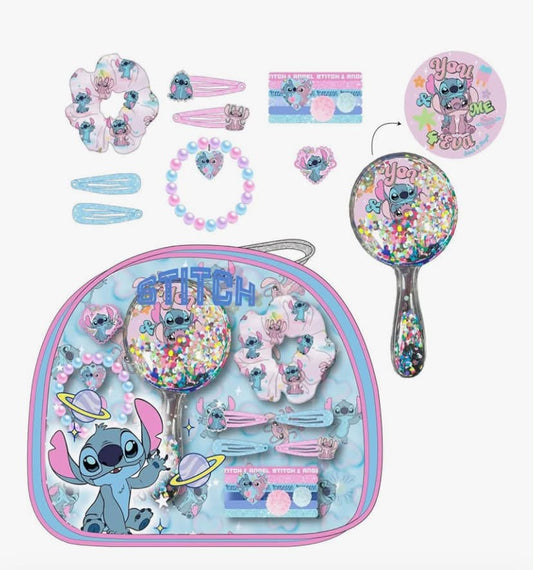 Stitch Kids Beauty Set with Clear Toiletry Bag, Liquid Mirror, Scrunchies, Tweezers and Bracelet - Complete Hair Styling Accessories for Girls Ages 3+