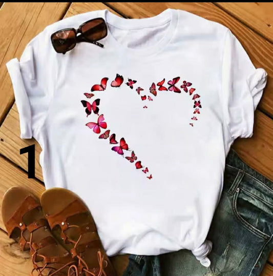 Watercolor Butterfly Heart Printed T Shirt