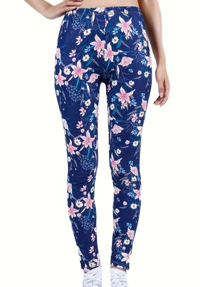Women'S High-Waisted Floral Print Joggers - Navy Blue with Pink & White Flowers, Stretchy Casual Leggings for, or Casual Attire, Pants, Apparel, Highwaisted Design, Comfortable Fit