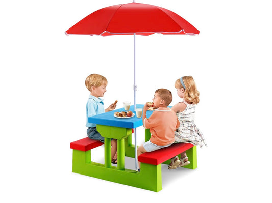 Kids Picnic Table, Garden Toddler Bench Set with Detachable Umbrella, Indoor Outdoor Children Activities Play Table for Boys Girls (Yellow + Red + Blue)