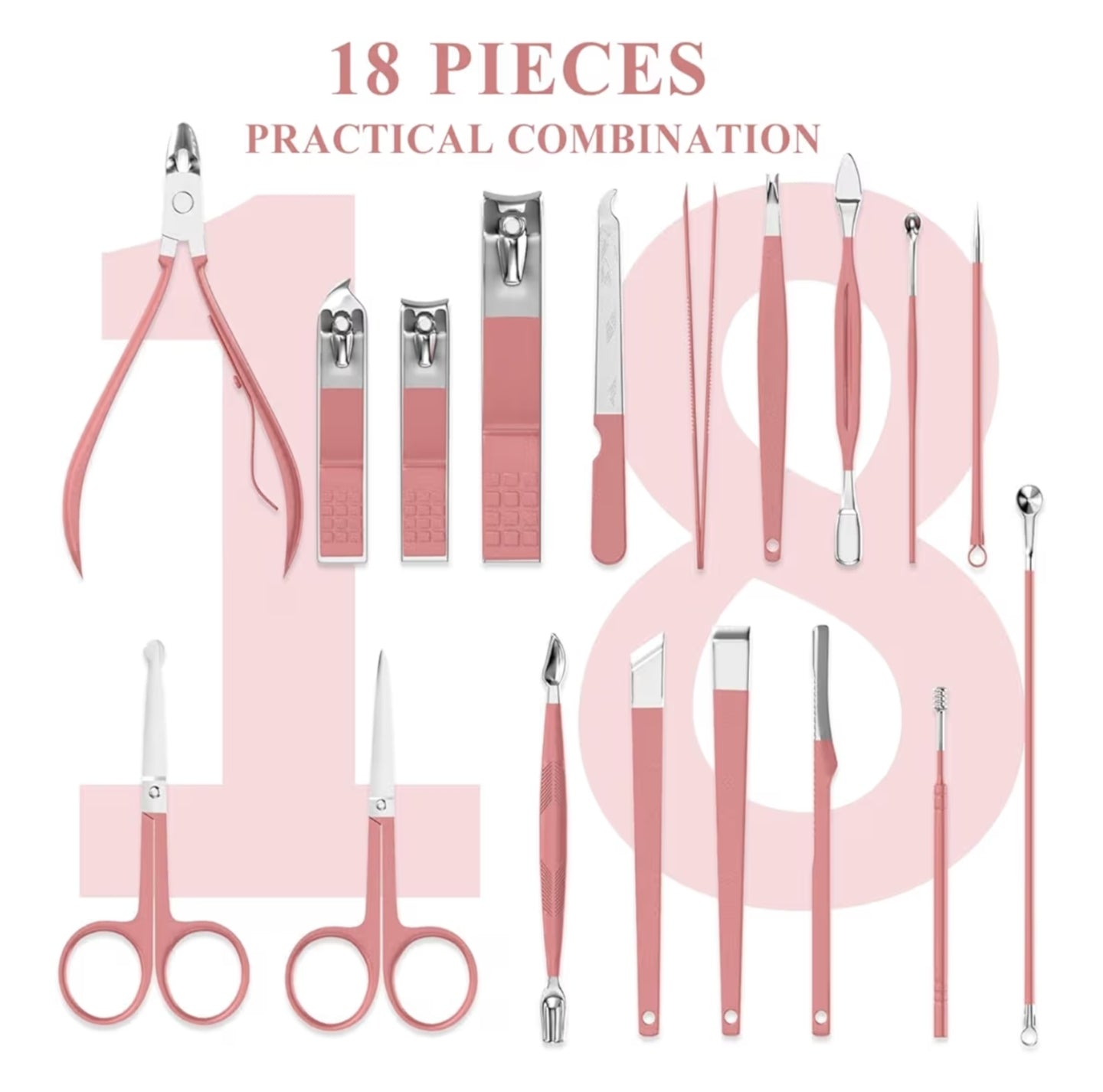 Manicure Set Professional Nail Clippers Kit Pedicure Care Tools (Pink-18pcs)