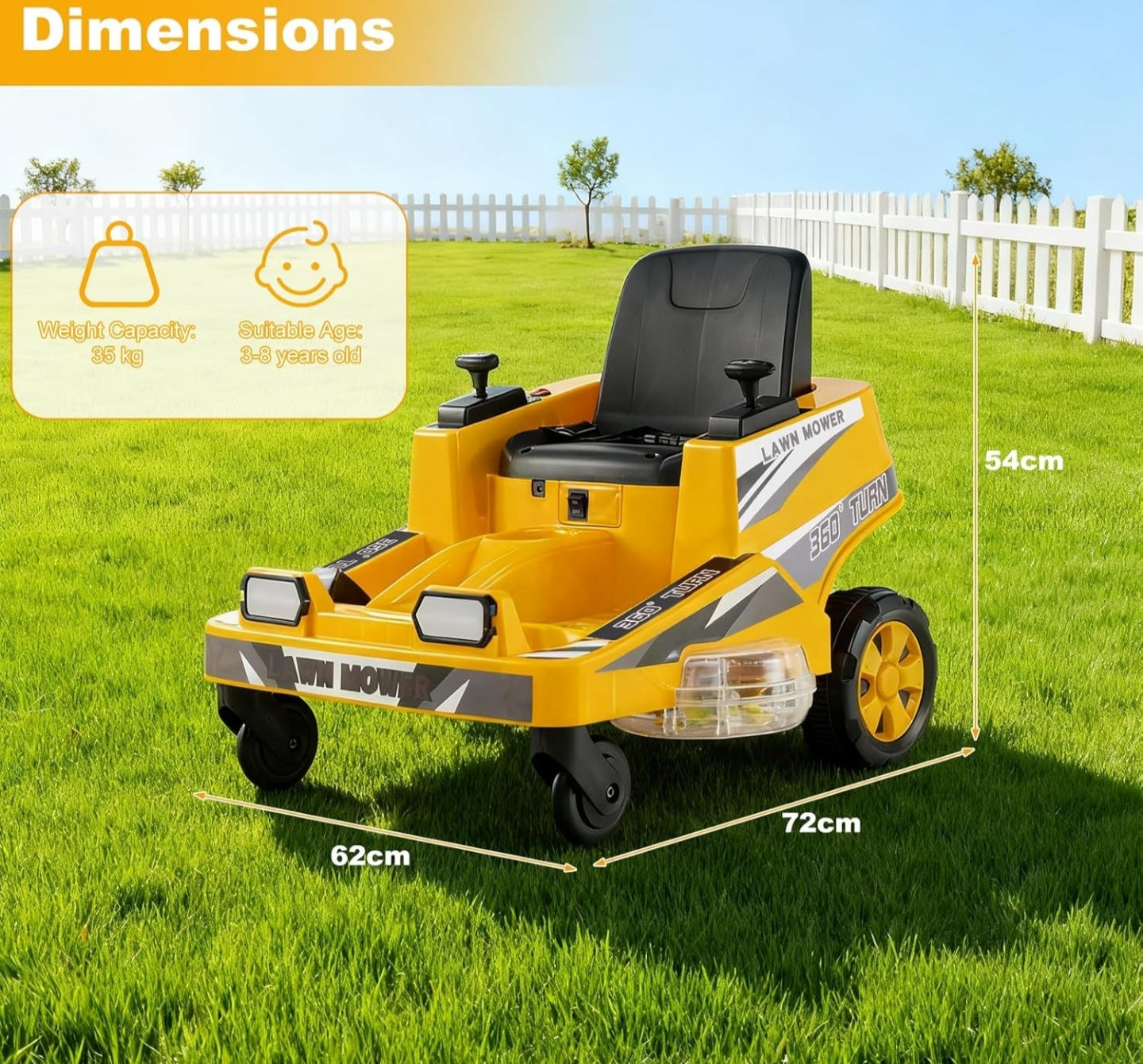 12 V Ride on Lawn Mower for Kids, 2 Motors Electric Car with 360° Twist and Turn, Dual Control Sticks, LED Lights, Outdoor Ride on Toy for 3-8 Years Old