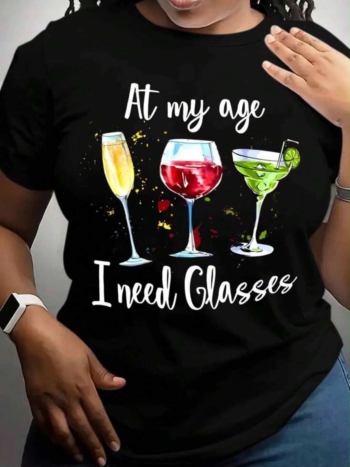 Plus Size Women Slogan & Wineglass Printed Round Neck Short Sleeve Casual Summer T-Shirt