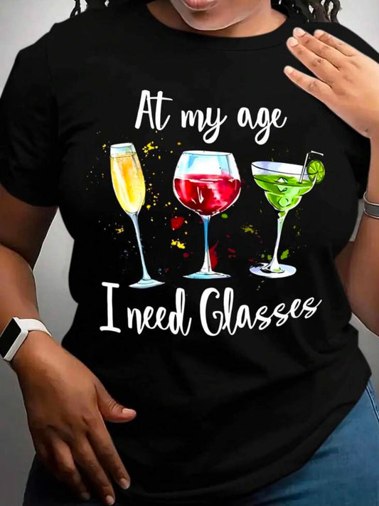 Plus Size Women Slogan & Wineglass Printed Round Neck Short Sleeve Casual Summer T-Shirt