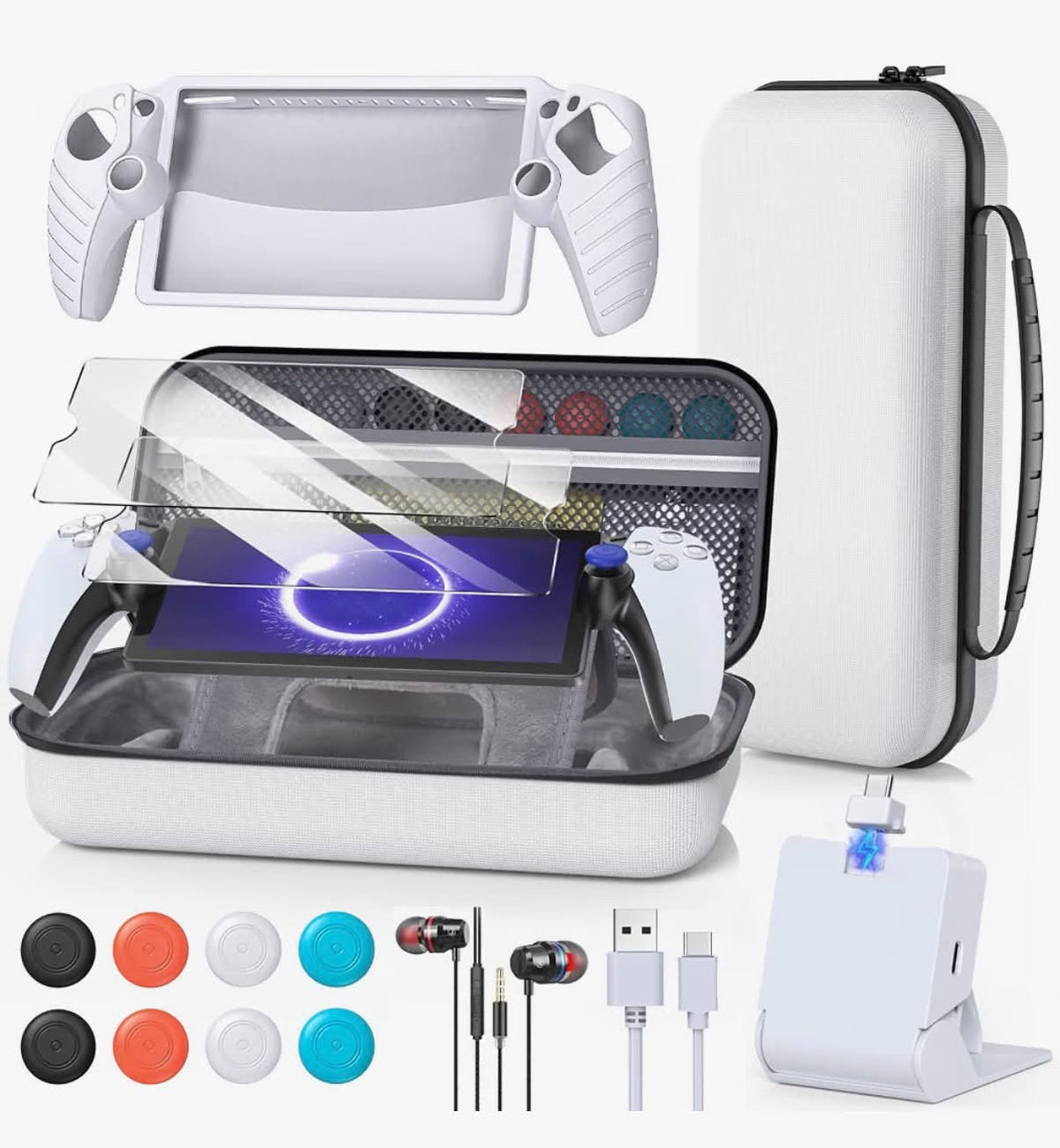 14 in 1 Accessories Bundle for PlayStation Portal, Carrying Case for PS Portal, Magnetic Charger Dock with Silicone Case for PS5 Portal, with 2 Screen Protectors, Wired Earphones, 8 Thumb Grips-White