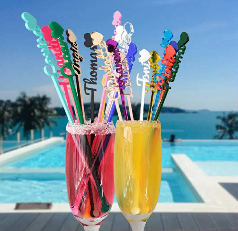 Personalised Drink Stirrers, Heart Cocktail Drinks Stirrers, Wedding Table Decor.   (X3)