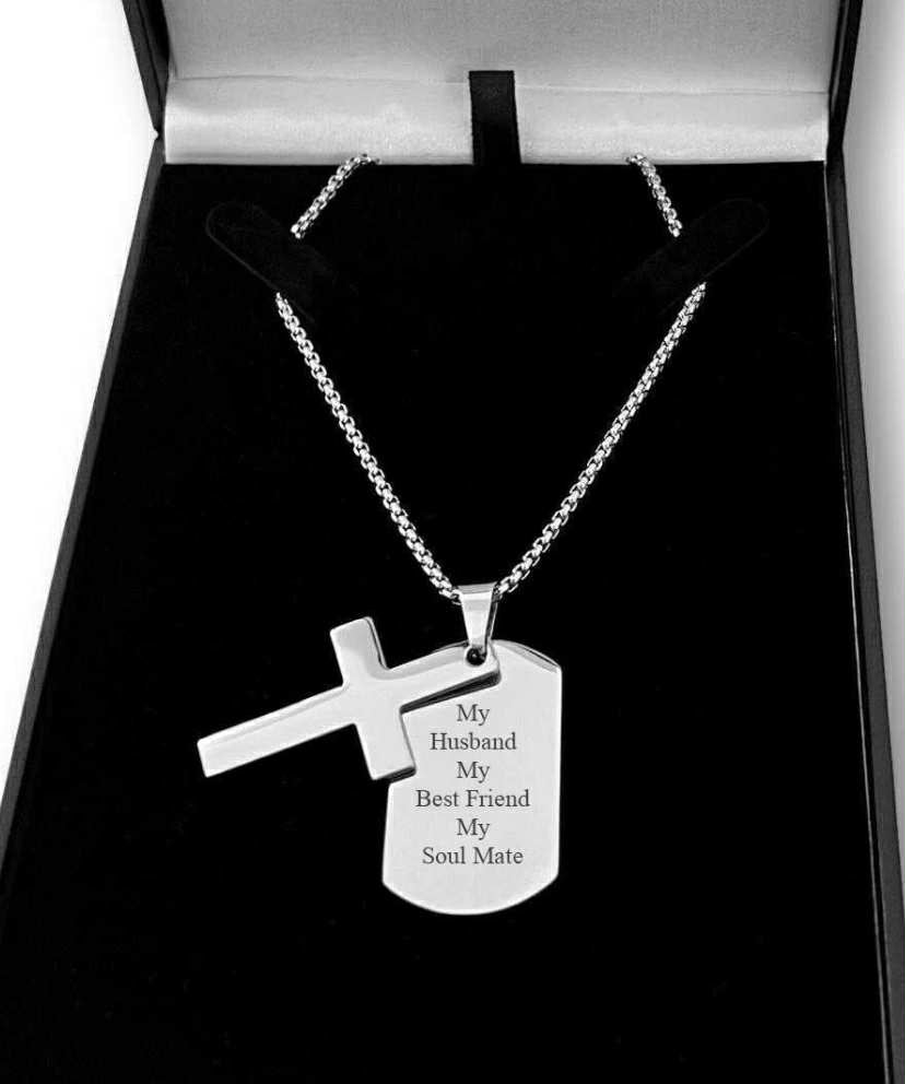 Men's Dog Tag Necklace with Cross, Engraved, Personalised Gift, Silver Steel