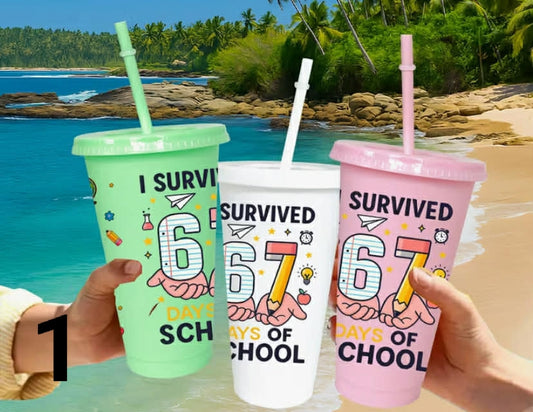 3x Paper Airplane, Number 67 Back to School Pattern, 26oz/780ml Colorful Plastic Party Cup Set, with Lid and Straw