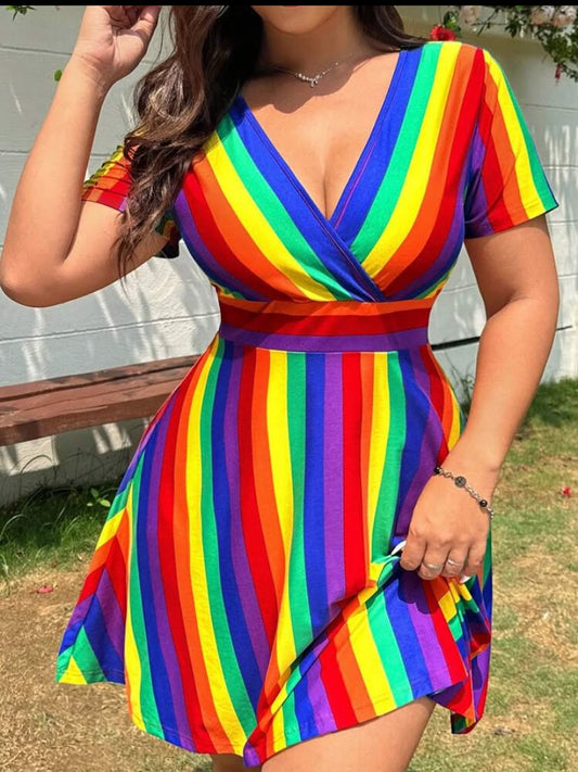 Plus Size Rainbow Striped Crossover Wrap Short Sleeve Casual Dress,Summer Outfits