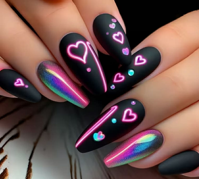 Colorful Heart Black Matte Press-On Nails