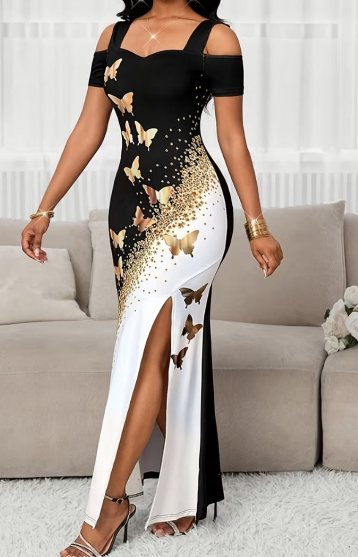Women's Elegant Color-Block Butterfly Print High-Slit Off-Shoulder Long Dress, Suitable for Outings, Home, and Commuting