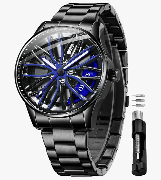 Watches for Men Skeleton Quartz Racing Car Wheel Stainless Steel Casual Sports Waterproof Luminous Mens Watches