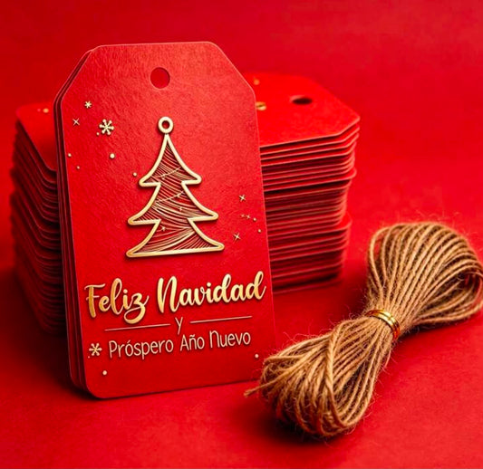 Red Background Gold Letter Spanish Christmas Tags, With Jute Rope, 2D Flat Card Latin