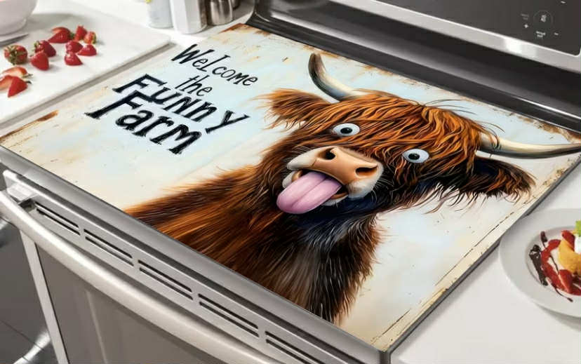 1 pc Whimsical Home Decor - 2D Modern Heat-Resistant Stove Cover with Highland Cow Livestock Design