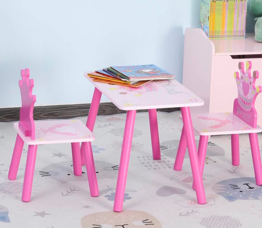 3 Pcs Kids Princess and Crown Chair Table Set Home Furniture 2-4 Yrs Pink