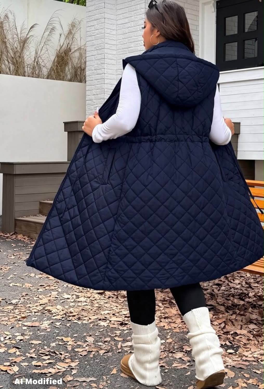 Autumn/Winter Plus Size Thickened Waist Drawstring Adjustable Loose Fit Long Coat, 2-Way Wear