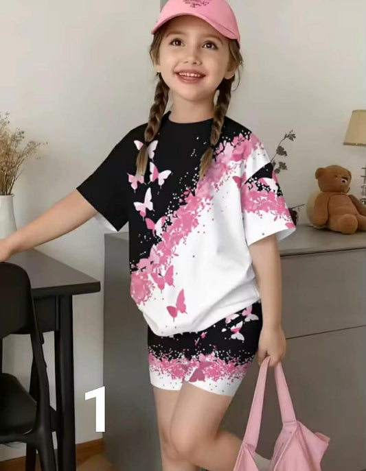 2-Piece Summer Children's Comfortable Cute Butterfly 3D Print Short Sleeve Shorts Set