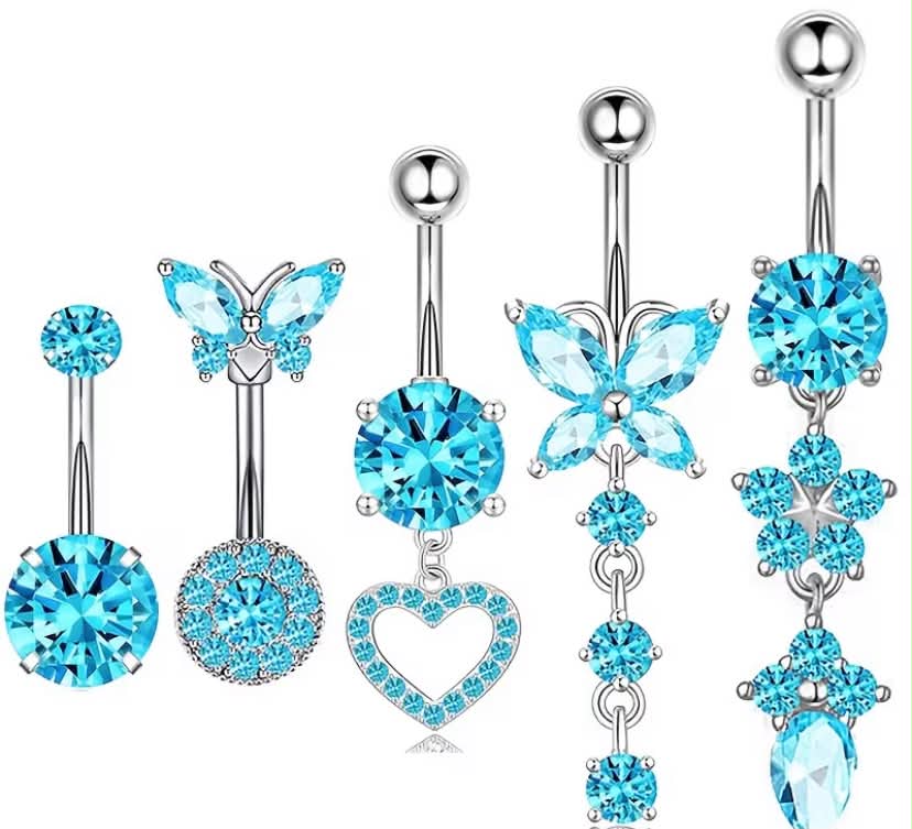 5pcs Dangle Belly Button Rings 4 Color Choose Stainless Steel Navel Piercing Jewelry for Women 14G Belly Button Piercing Butterfly Heart Dangling Belly Rings