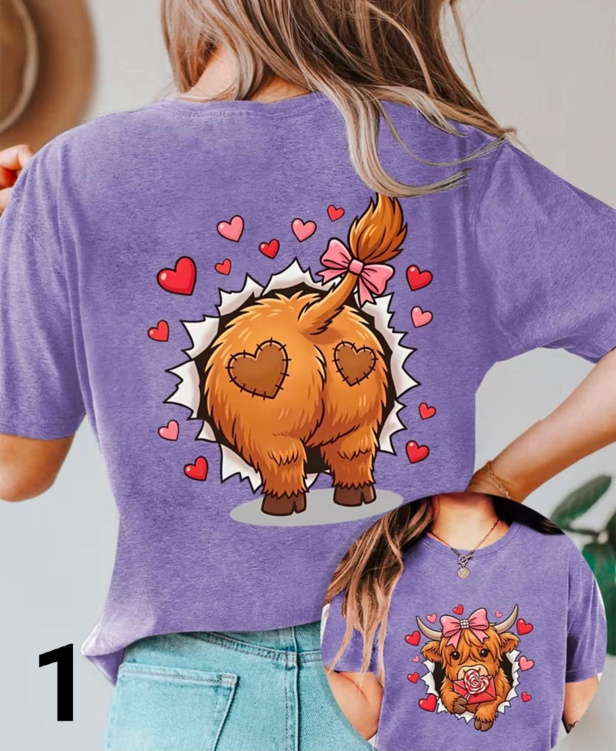 Distressed Highland Cow Print Double-Sided Round Neck Short Sleeve T-Shirt, Athletic Casual Lightweight Comfortable Soft Fashionable,