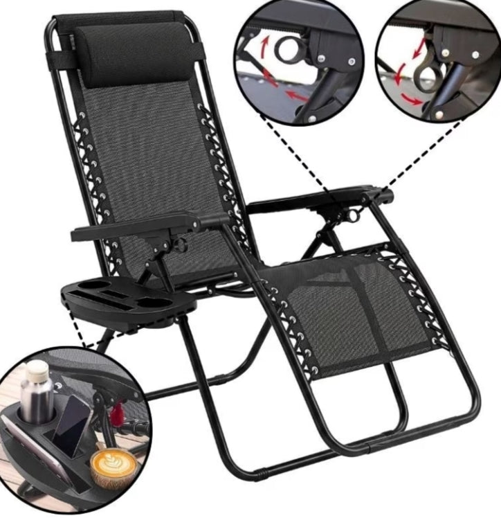 1 pc Folding Zero Gravity Chair Recliner with Side Tray & Removable Pillow Portable Outdoor Sun Lounger