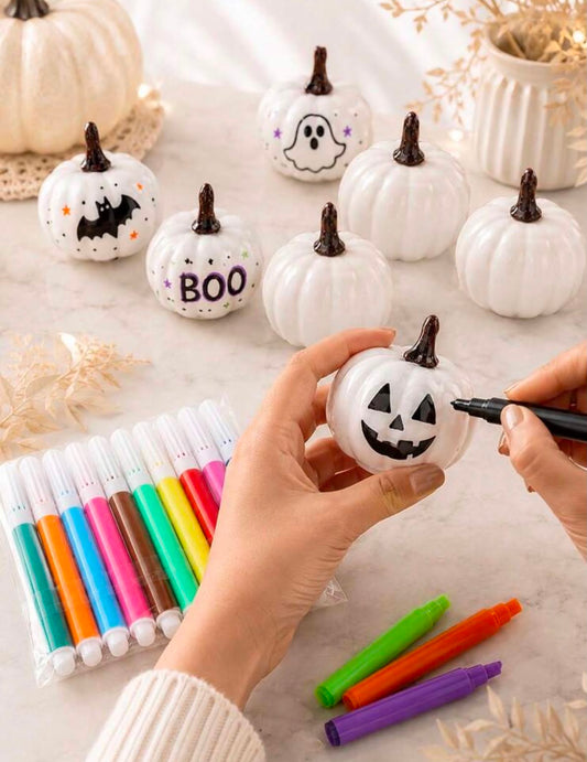 6 Sets DIY Halloween White Pumpkin Decoration Set, Mini White Pumpkin Ornaments With Colorful Painting Markers, Paintable Halloween Craft Kit