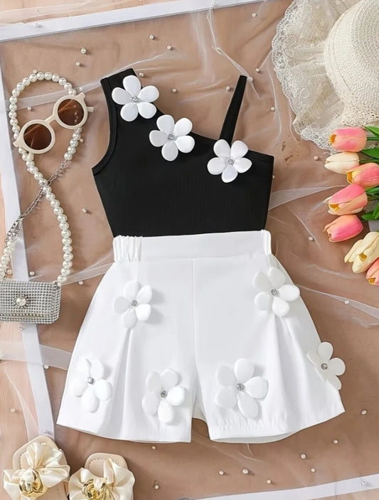 White Flower Embellished Cross-Back Top + 3D Flower Embellished Shorts 2 pcs Set, Perfect for Outdoor