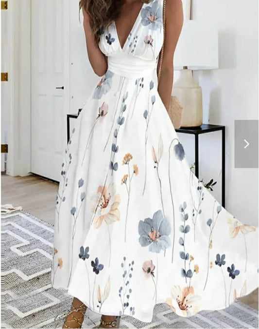 Summer V Neck Short Sleeve Holiday Beach Floral Loose Dress