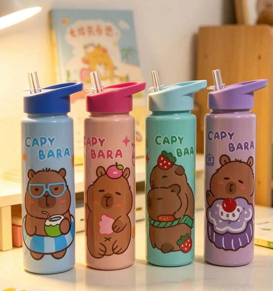 1 pc 750ml Cartoon Capybara Printed Summer Water Bottle With Straw,
