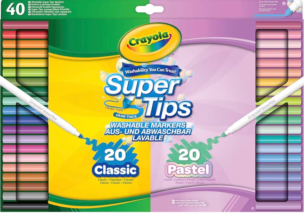 SuperTips Washable Markers - Classic & Pastel Colours (Pack of 40) Premium Felt Tip Pens that Can Easily Wash Off Skin and Clothing  for Ages 3+