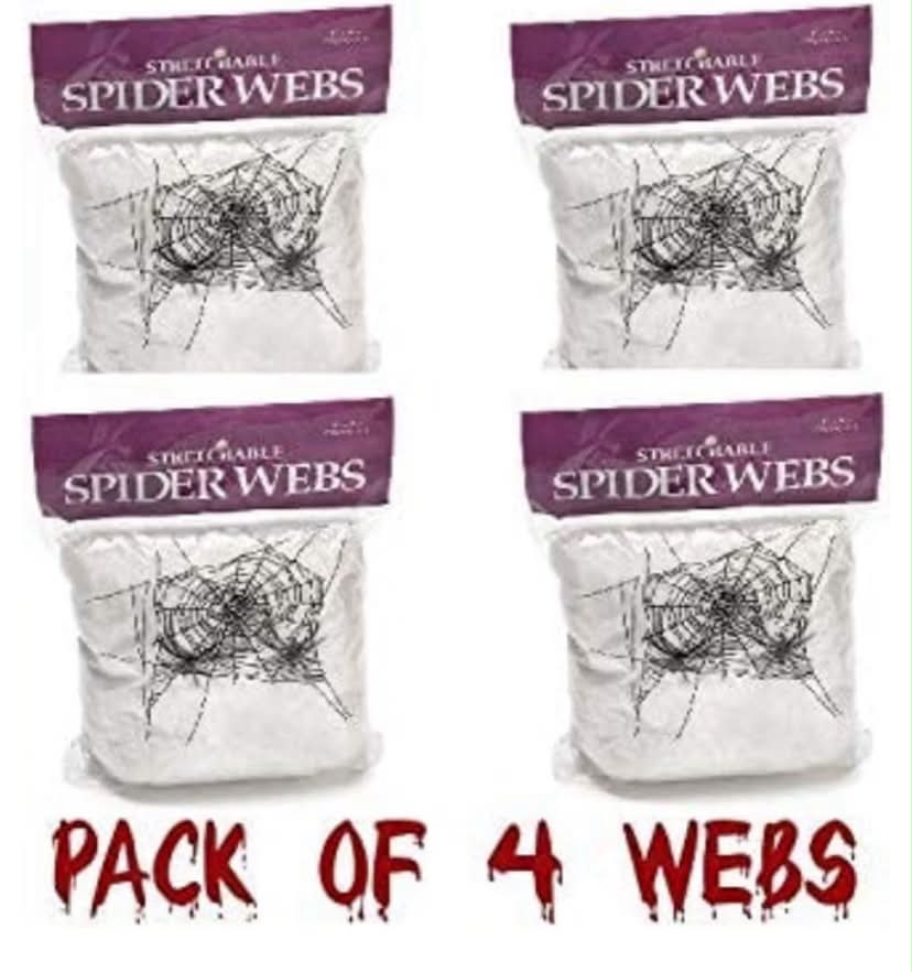 Pack of 4 White Webs Halloween Decoration Props Spider Webs including Plastic Spiders Party Decorations 4x White Coloured Webs