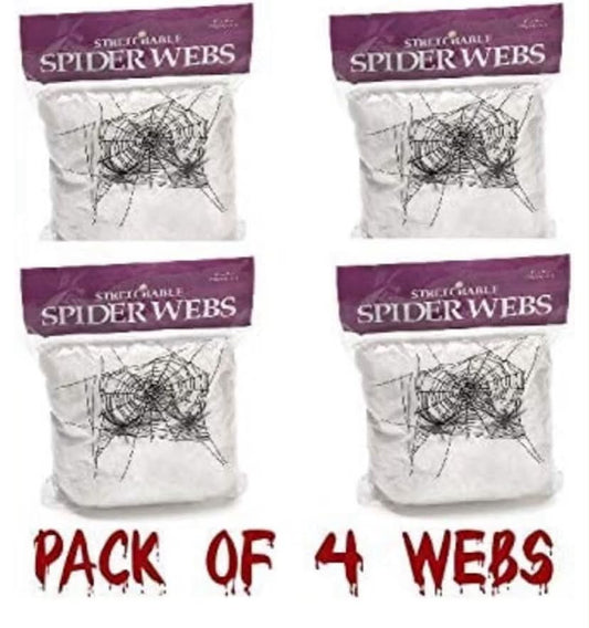 Pack of 4 White Webs Halloween Decoration Props Spider Webs including Plastic Spiders Party Decorations 4x White Coloured Webs