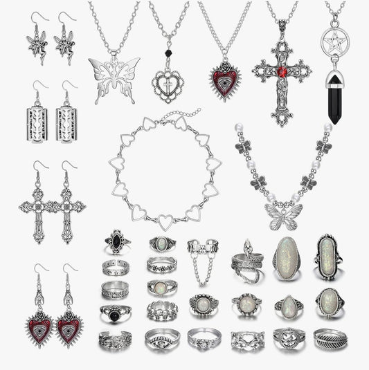 33 Pcs Grunge Vintage Punk Necklace Jewelry Set Gothic Earrings