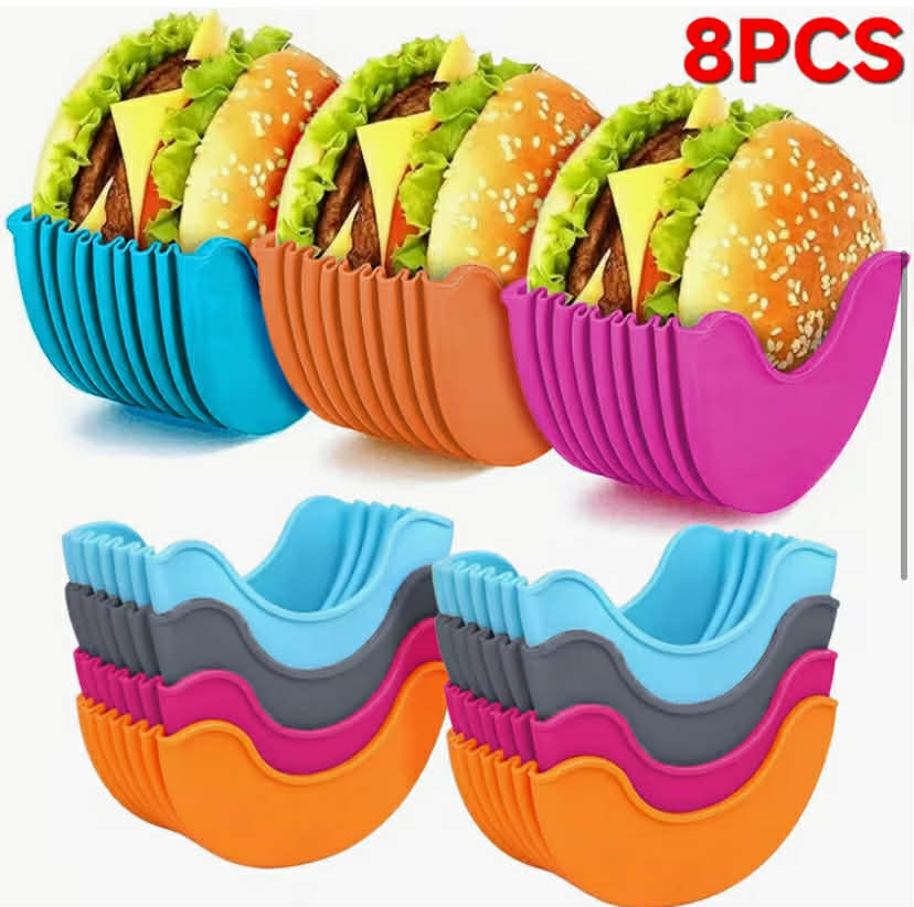 Set of 8 Expandable Silicone Burger Holders for Family And Parties, Ideal for Clean Eating, Reusable And Dishwasher Safe Sandwich Shells to Prevent Messy Hands from Drips And Spills