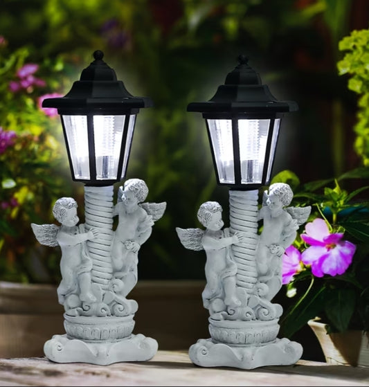 2 pcs Angel Garden Statues Outdoor Decor - Twin Cherubs Leaning on Vintage Lantern Post, Solar LED Lawn Lights for Pathway, Yard -
