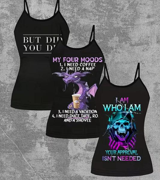 3 pcs Set European and American Style Women's Spring/Summer New Arrival Camisole with Digital Letter Print, Purple Dragon, and Skull Pattern, Sleeveless Cami Tank Top
